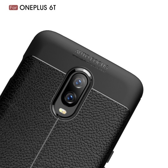 Litchi Skin PU Leather Coated TPU Mobile Phone Case priekš OnePlus 6T - Melns - ādas imitācijas triecienizturīgs silikona aizmugures apvalks (maciņš, bampers, vāciņš, slim cover, bumper, back case)