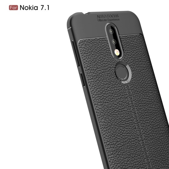 Litchi Skin PU Leather Coated TPU Mobile Phone Case priekš Nokia 7.1 (2018) - Melns - ādas imitācijas triecienizturīgs silikona aizmugures apvalks (maciņš, bampers, vāciņš, slim cover, bumper, back case)