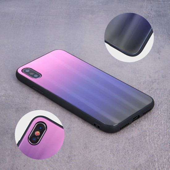 Aurora Glass Back Case priekš Apple iPhone XR - Rozā / Melns - silikona un stikla aizmugures apvalks (bampers, vāciņš, TPU back cover, bumper shell)