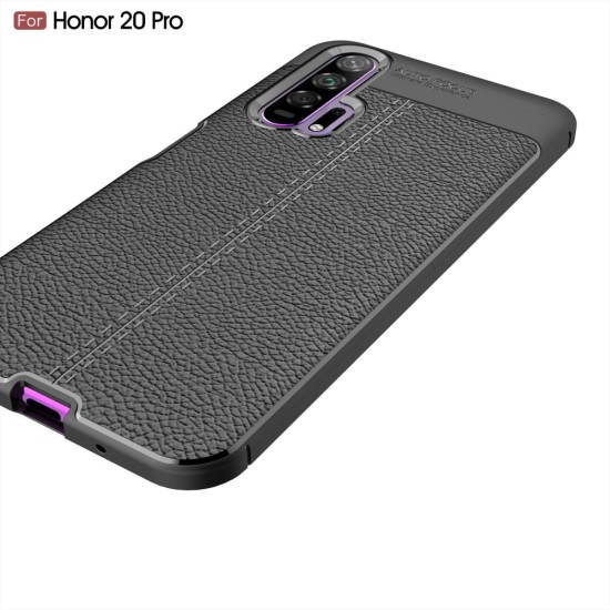 Litchi Skin PU Leather Coated TPU Mobile Phone Case priekš Huawei Honor 20 Pro - Melns - ādas imitācijas triecienizturīgs silikona aizmugures apvalks (maciņš, bampers, vāciņš, slim cover, bumper, back case)