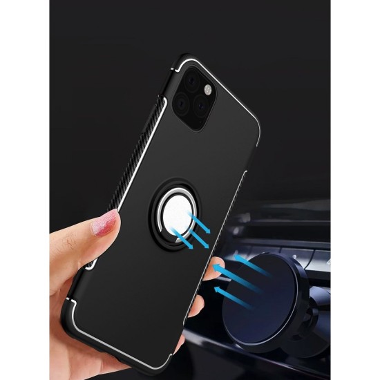 Forcell Carbon Ring Back Case priekš Apple iPhone 11 Pro - Melns - silikona aizmugures apvalks ar gredzenu