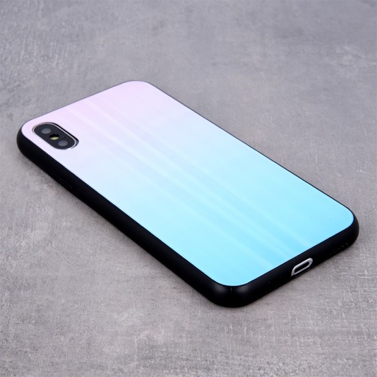 Aurora Glass Back Case priekš Huawei P Smart Pro (2019) - Zils / Rozā - silikona un stikla aizmugures apvalks (bampers, vāciņš, TPU back cover, bumper shell)