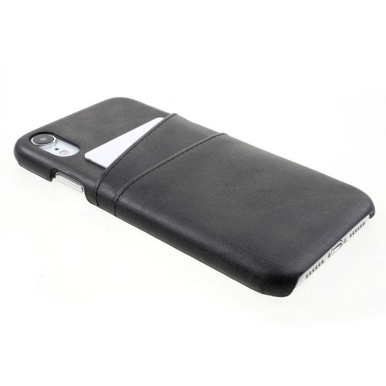 Double Card Slots PU Leather Coated PC Back Case priekš Apple iPhone XR - Melns - mākslīgās ādas aizmugures maciņš ar divām kabatiņām priekš kartēm