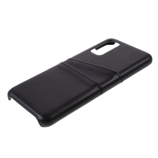 Double Card Slots PU Leather Coated PC Back Case priekš Samsung Galaxy S20 G980 - Melns - mākslīgās ādas aizmugures maciņš ar divām kabatiņām priekš kartēm