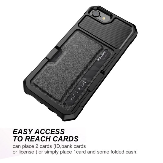 PU Leather Coated Hybrid Phone Case with Card Holder priekš Apple iPhone 7 / 8 / SE2 (2020) / SE3 (2022) - Melns - triecienizturīgs silikona aizmugures bampers ar plastikāta aizmugures apvalku un kabatiņu priekš kartēm