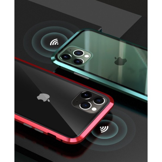 Magnetic Full Glass Back Case priekš Samsung Galaxy Note 20 N980 - Sarkans - alumīnija bampers ar priekšējo un aizmugurējo aizsargstiklu