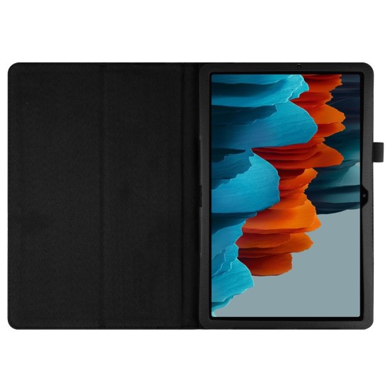 Litchi Texture Leather Stand Protective Case priekš Samsung Galaxy Tab S7 T870 / T875 / Tab S8 X700 / X706 - Melns - sāniski atverams maciņš ar stendu