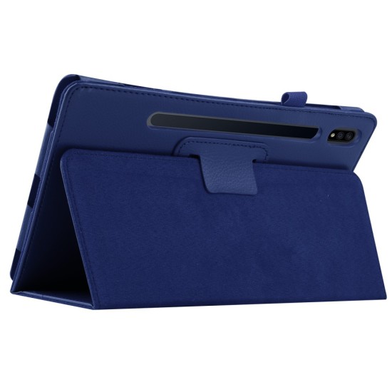 Litchi Texture Leather Stand Protective Case priekš Samsung Galaxy Tab S7 T870 / T875 / Tab S8 X700 / X706 - Tumši Zils - sāniski atverams maciņš ar stendu