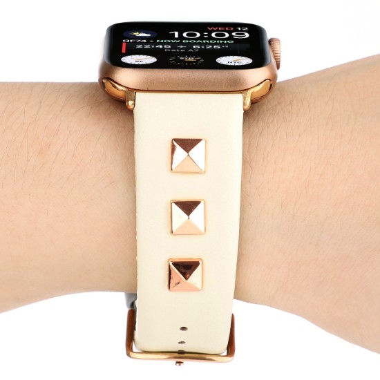 Genuine Leather Watchband with Rose Gold Fastener priekš Apple Watch 38 / 40 / 41 mm - Bēšs - dabīgās ādas siksniņa priekš pulksteņiem ar saspraudi
