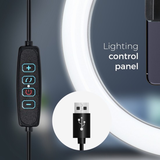 LED Ring Lamp 12 inch Tri-Pod 185 cm / USB Cable with Remote Control - Melns - Riņķa lampa, dienas gaismas statīvs