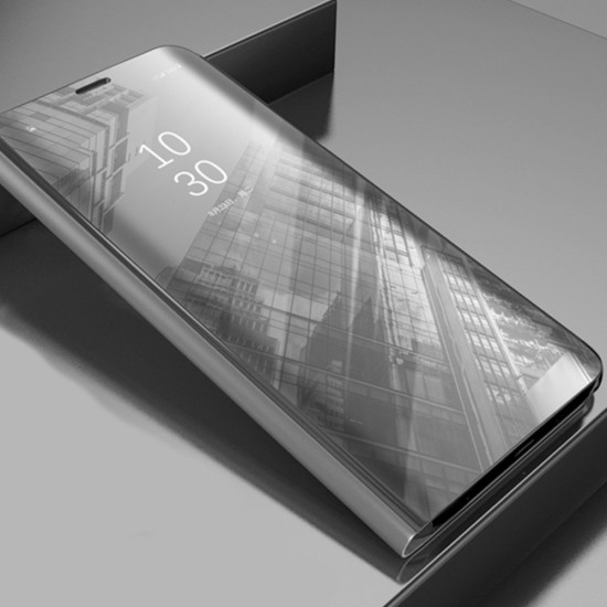 Smart Clear View Book Case priekš Samsung Galaxy A12 A125 - Sudrabains - sāniski atverams grāmatveida maciņš ar stendu
