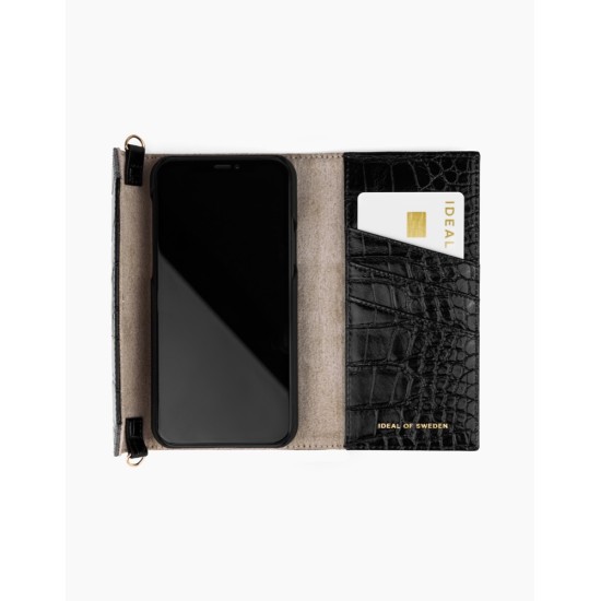 iDeal of Sweden Cassette AW21 Clutch priekš Apple iPhone 13 Pro Max - Black Croco - mākslīgās ādas grāmatveida maks rokassomas veidā ar siksniņu