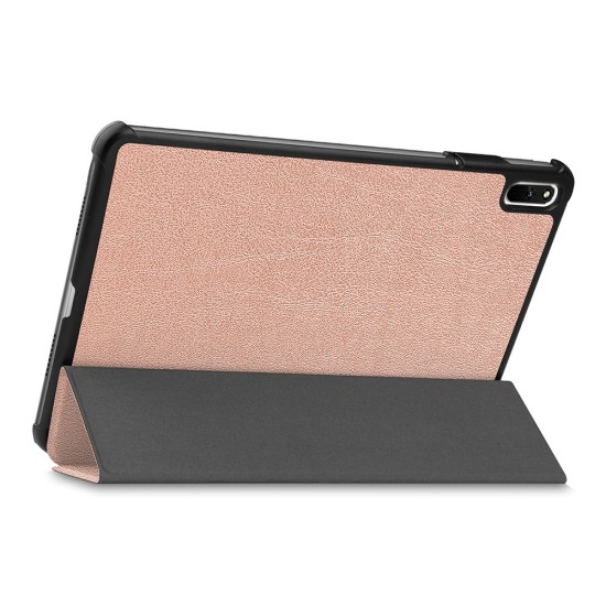 Tri-fold Stand PU Smart Auto Wake/Sleep Leather Case priekš Huawei MatePad 11 - Rozā Zelts - sāniski atverams maciņš ar stendu