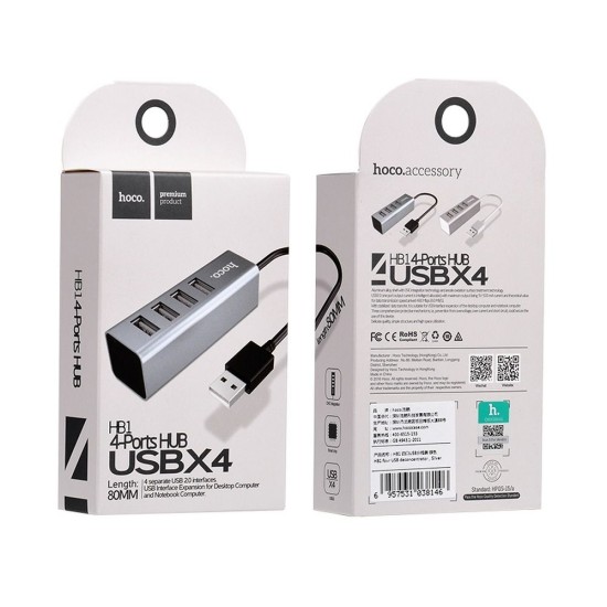 Hoco (HB1) USB to 4xUSB 2.0 Converter Adapter - Melns - USB adapteris