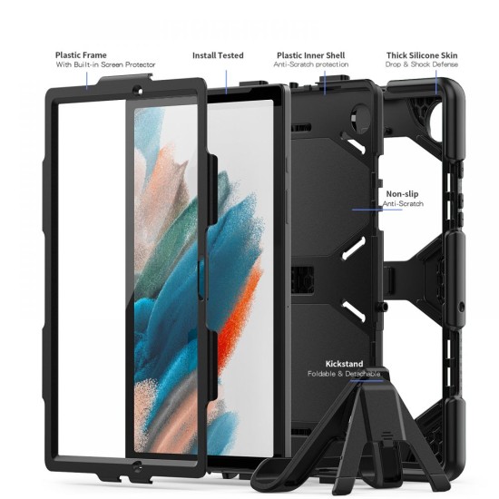Tech-Protect Survive Back Case with Stand priekš Samsung Galaxy Tab A8 10.5 X200 / X205 - Melns - triecienizturīgs silikona-plastikāta aizmugures apvalks ar statīvu