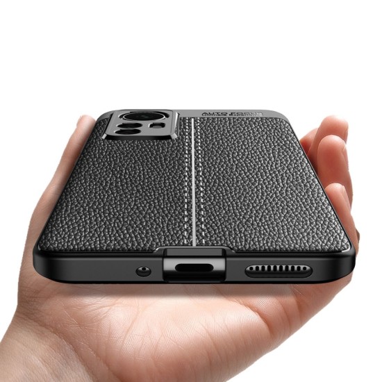 Litchi Skin PU Leather Coated TPU Mobile Phone Case priekš Xiaomi 12 / 12X - Melns - ādas imitācijas triecienizturīgs silikona aizmugures apvalks (maciņš, bampers, vāciņš, slim cover, bumper, back case)