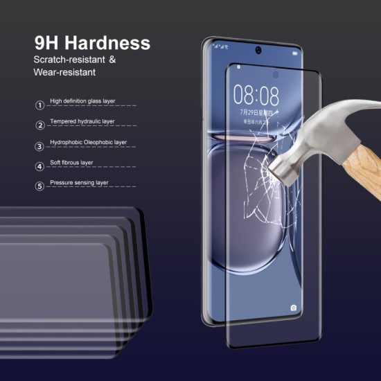 HAT PRINCE 3D Edge Glue Full Size Tempered Glass Screen Protector priekš Huawei P50 Pro - Melns - Ekrāna Aizsargstikls / Bruņota Stikla Aizsargplēve (Full screen size curved)