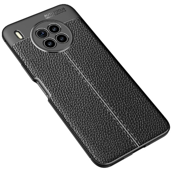 Litchi Skin PU Leather Coated TPU Mobile Phone Case priekš Huawei Nova 8i - Melns - ādas imitācijas triecienizturīgs silikona aizmugures apvalks (maciņš, bampers, vāciņš, slim cover, bumper, back case)