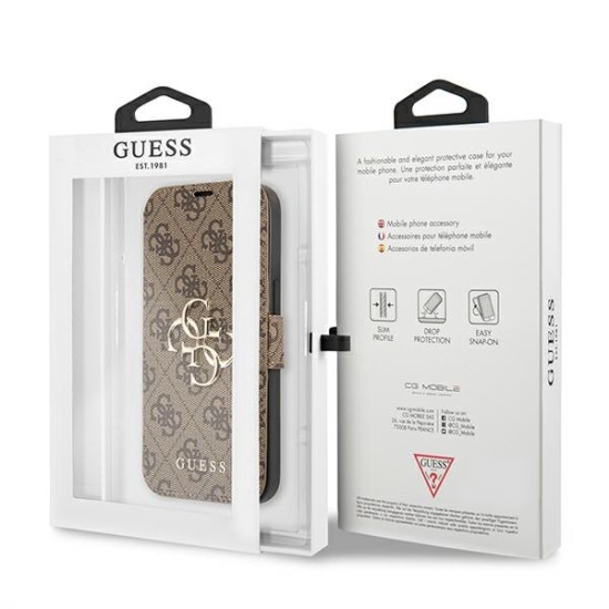 Guess 4G Big Metal Logo Collection Book Case GUBKP13S4GMGBR priekš Apple iPhone 13 mini - Brūns - mākslīgās ādas sāniski atverams maciņš ar stendu