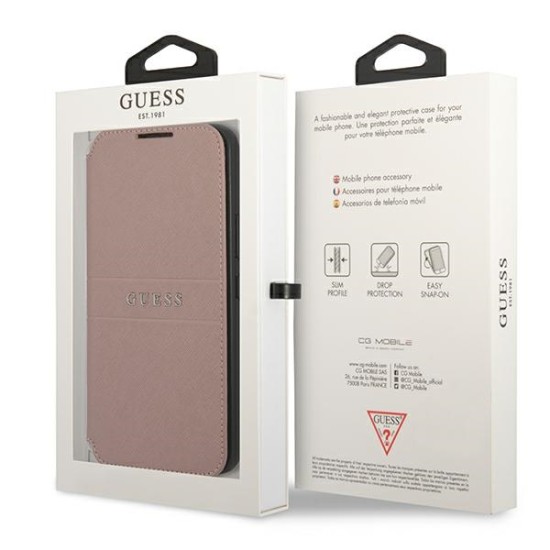 Guess Saffiano Stripes Collection Book Case GUBKS22SPSASBPI priekš Samsung Galaxy S22 5G S901 - Rozā - mākslīgās ādas sāniski atverams maciņš