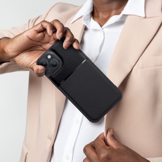 Forcell Noble Back Case priekš Samsung Galaxy A22 5G A226 - Melns - mākslīgās ādas aizmugures apvalks ar iebūvētu metālisku plāksni / bampers-vāciņš