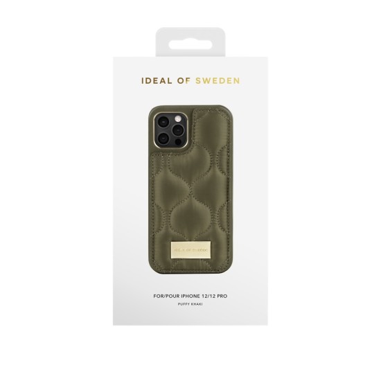iDeal of Sweden Atelier AG22 Back Case priekš Apple iPhone 12 / 12 Pro - Puffy Khaki - mākslīgās ādas aizmugures apvalks ar turētāju / bampers-vāciņš
