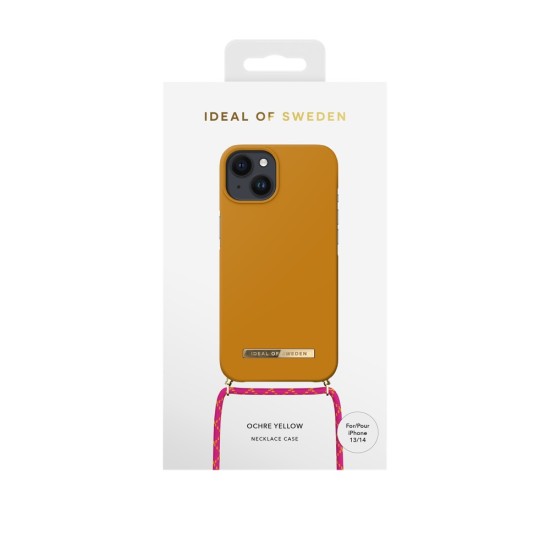 iDeal of Sweden Ordinary Necklace AG22 Back Case priekš Apple iPhone 14 - Ochre Yellow - plastikāta aizmugures apvalks ar auklu un iebūvētu metālisku plāksni / bampers-vāciņš