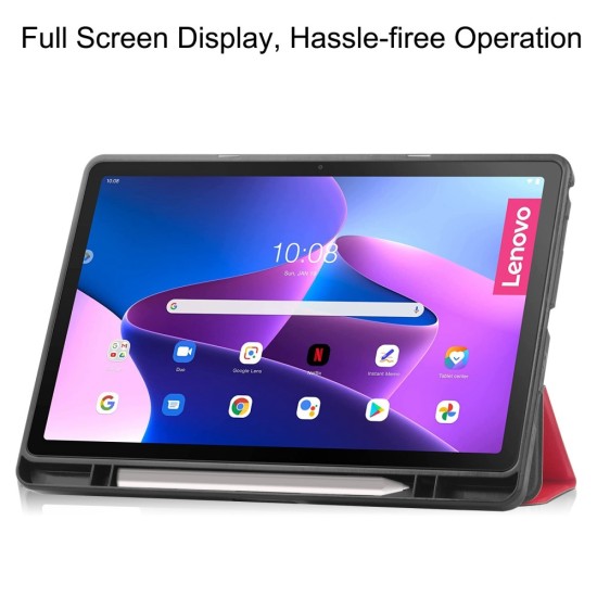 Tri-fold Stand PU Smart Auto Wake/Sleep Leather Case with Pencil Holder priekš Lenovo Tab M10 Plus 3rd Gen TB-125 / TB-128 - Sarkans - sāniski atverams maciņš ar stendu