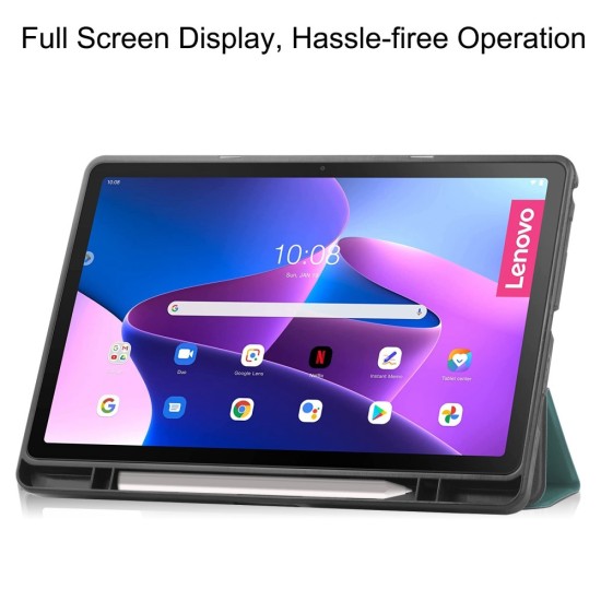 Tri-fold Stand PU Smart Auto Wake/Sleep Leather Case with Pencil Holder priekš Lenovo Tab M10 Plus 3rd Gen TB-125 / TB-128 - Tumši Zaļš - sāniski atverams maciņš ar stendu