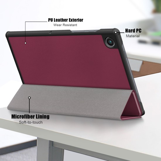 Tri-fold Stand PU Smart Auto Wake/Sleep Leather Case priekš Samsung Galaxy Tab A8 10.5 X200 / X205 - Bordo - sāniski atverams maciņš ar stendu