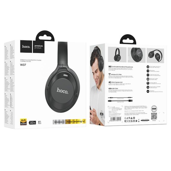 Hoco (W37) Noise Reduction ANC Technology Bluetooth 5.3 Wireless Headphones with Microphone Universālas Bezvadu Austiņas - Melnas