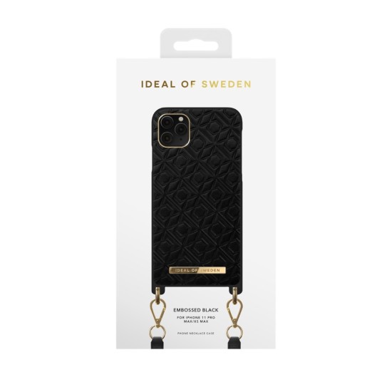 iDeal of Sweden Atelier Necklace AW21 Back Case priekš Apple iPhone 11 Pro Max - Embossed Black - mākslīgās ādas aizmugures apvalks ar siksniņu / bampers-vāciņš