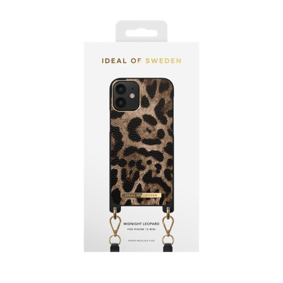 iDeal of Sweden Atelier Necklace AW21 Back Case priekš Apple iPhone 12 mini - Midnight Leopard - mākslīgās ādas aizmugures apvalks ar siksniņu / bampers-vāciņš