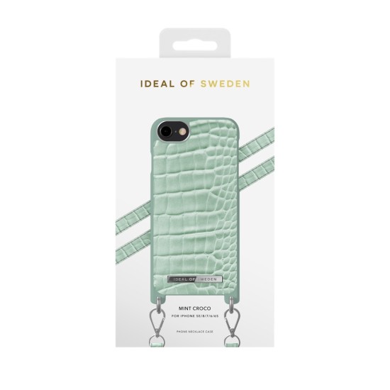 iDeal of Sweden Atelier Necklace SS21 Back Case priekš Apple iPhone 7 / 8 / SE2 (2020) / SE3 (2022) - Mint Croco - mākslīgās ādas aizmugures apvalks ar siksniņu / bampers-vāciņš