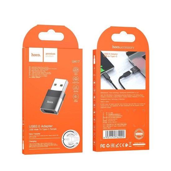 Hoco (UA17) Type-C OTG Female to USB Male - Melns - USB-C adapteris telefoniem vai planšetdatoriem ar USB ieeju / konektoru