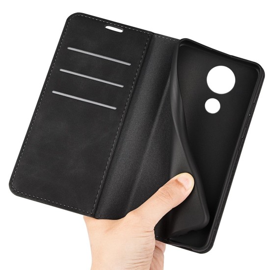 Skin-Touch PU Leather Book Case priekš Nokia G60 - Melns - sāniski atverams maciņš ar magnētu un stendu