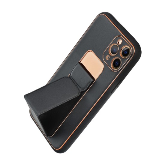 Forcell Leather Back Case with Kickstand priekš Apple iPhone 15 Pro Max - Melns - mākslīgās ādas aizmugures apvalks ar stendu / bampers-vāciņš
