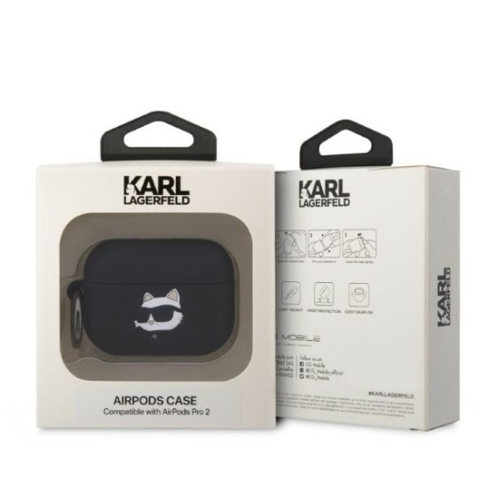 Karl Lagerfeld KLAP2RUNCHK Silicone Choupette Head Case priekš Apple Airpods Pro 2 - Melns - silikona apvalks bezvadu austiņu lādēšanas ierīcei ar karabīni
