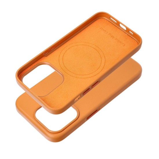 Leather MagSafe Back Case priekš Apple iPhone 15 Pro - Tumši Oranžs - mākslīgās ādas aizmugures apvalks / bampers-vāciņš