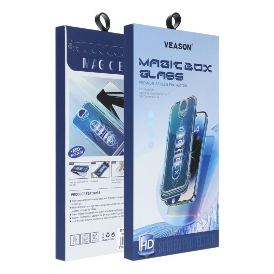 Veason Magic Box Full Glue Tempered Glass screen protector priekš Apple iPhone 15 Plus - Melns - Ekrāna Aizsargstikls / Bruņota Stikla Aizsargplēve