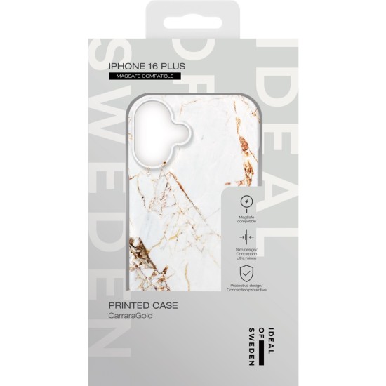 iDeal of Sweden Fashion MagSafe Back Case priekš Apple iPhone 16 Plus - Carrara Gold - plastikāta aizmugures apvalks ar iebūvētu metālisku plāksni / bampers-vāciņš