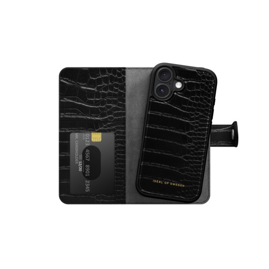 iDeal of Sweden Magnet Wallet+ Case priekš Apple iPhone 16 - Black Croco - mākslīgās ādas sāniski atverams maciņš ar bamperu uz magnēta