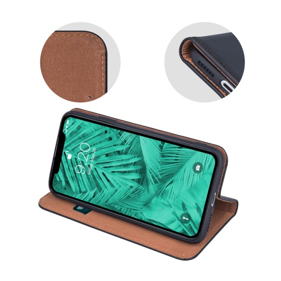 Genuine Leather Case Smart Pro priekš Samsung Galaxy S24 FE 5G S721 - Melns - dabīgās ādas maciņš sāniski atverams ar stendu
