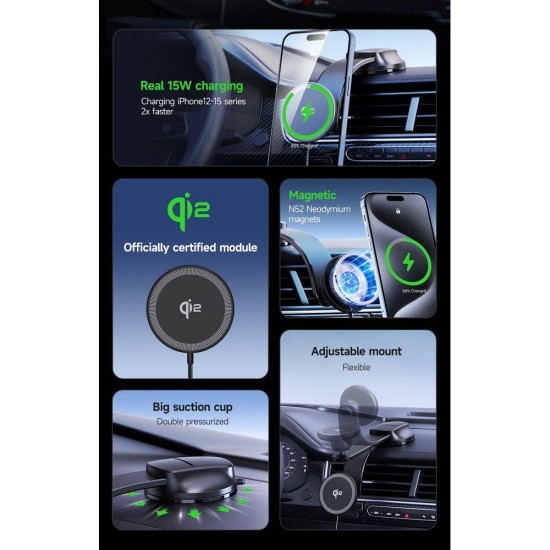 Duzzona V4 Dashboard Phone Holder with Magnetic Wireless Charger 15W (Compatible with MagSafe and Qi2 charging) - Melns - Stiprinājums turētājs auto paneļa ar iebūvētu bezvadu lādētāju