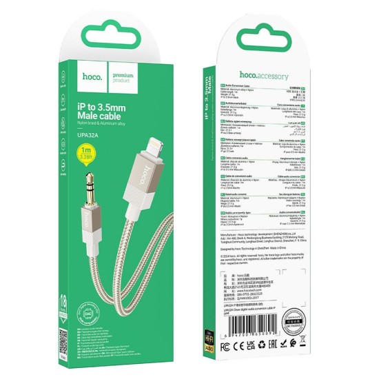 Hoco UPA32A 3.5mm Male to Lightning Stereo Aux Audio cable (length: 1M) - Zelts - audio vads kabelis