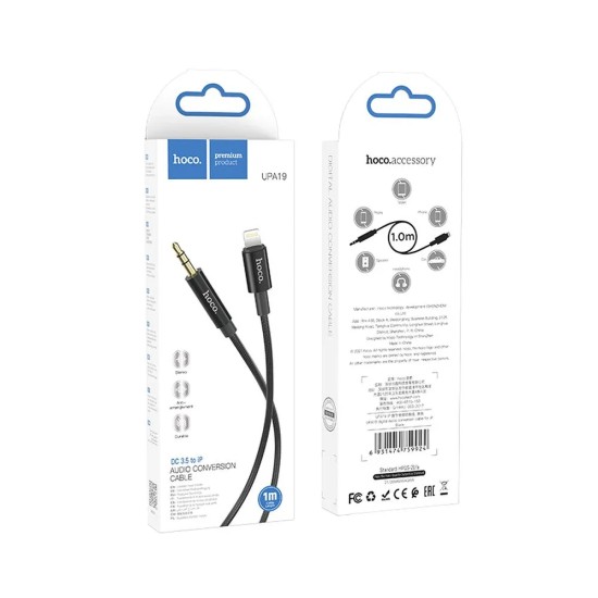 Hoco UPA19 Lightning to 3.5mm Male Stereo Aux Audio cable (length: 1M) - Melns - audio vads kabelis