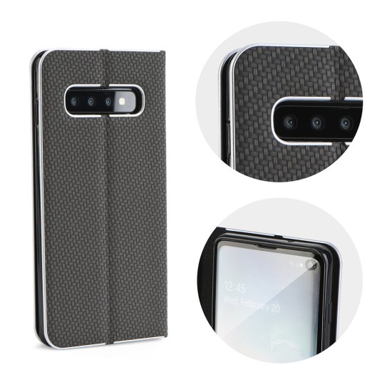 Luna Carbon Book Case priekš Samsung Galaxy A17 4G A175 / A17 5G A176 - Melns - sāniski atverams maciņš ar stendu / grāmatveida maks