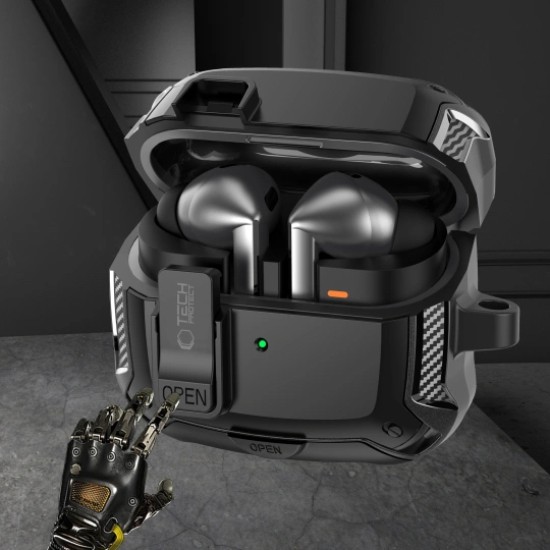 Tech-Protect Carbonox MagSafe Case priekš Samsung Galaxy Buds 3 / Buds 3 Pro - Melns - silikona-plastikāta apvalks bezvadu austiņu lādēšanas ierīcei ar karabīni