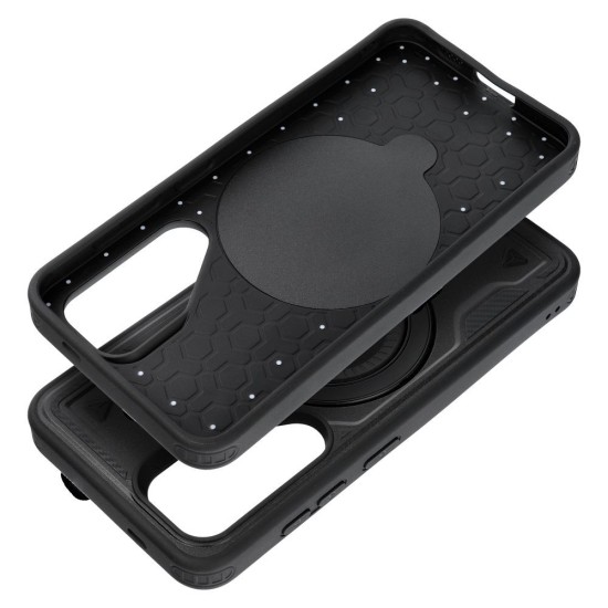 Frost Armor Back Case priekš Samsung Galaxy A17 4G A175 / A17 5G A176 - Melns - triecienizturīgs silikona-plastikāta aizmugures apvalks ar turētāju-statīvu / bampers-vāciņš