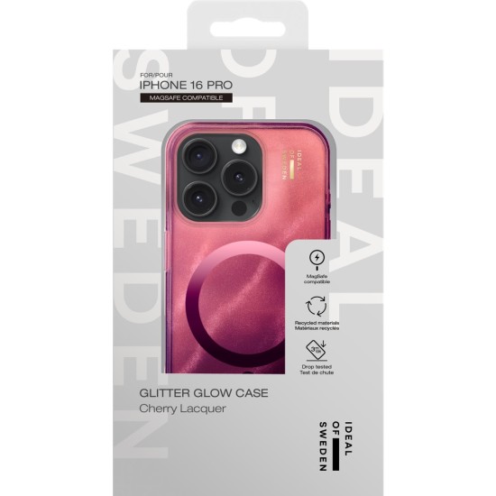 iDeal of Sweden Glitter Glow Back Case with MagSafe priekš Apple iPhone 16 Pro - Cherry Lacquer - silikona-plastikāta aizmugures apvalks / bampers-vāciņš